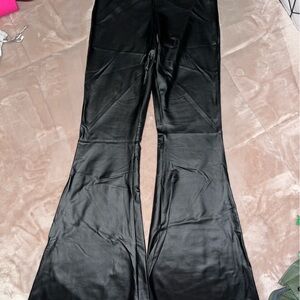 Black leather stretchy flare pants
